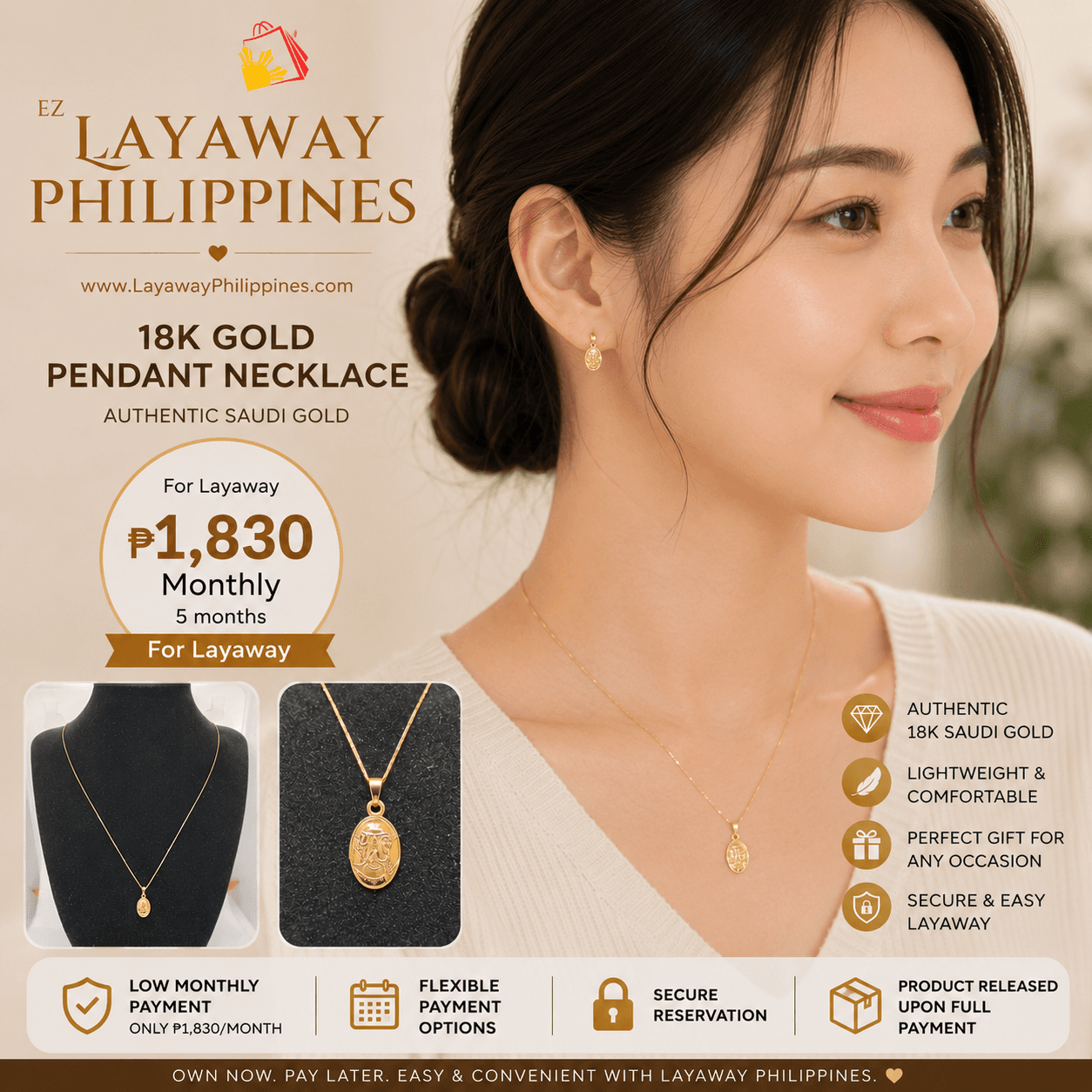 18K Saudi Gold Pendant Necklace | 24-Inch Chain | 1.3g Genuine Gold Necklace with Pendant | Pawnable | Easy Layaway Philippines