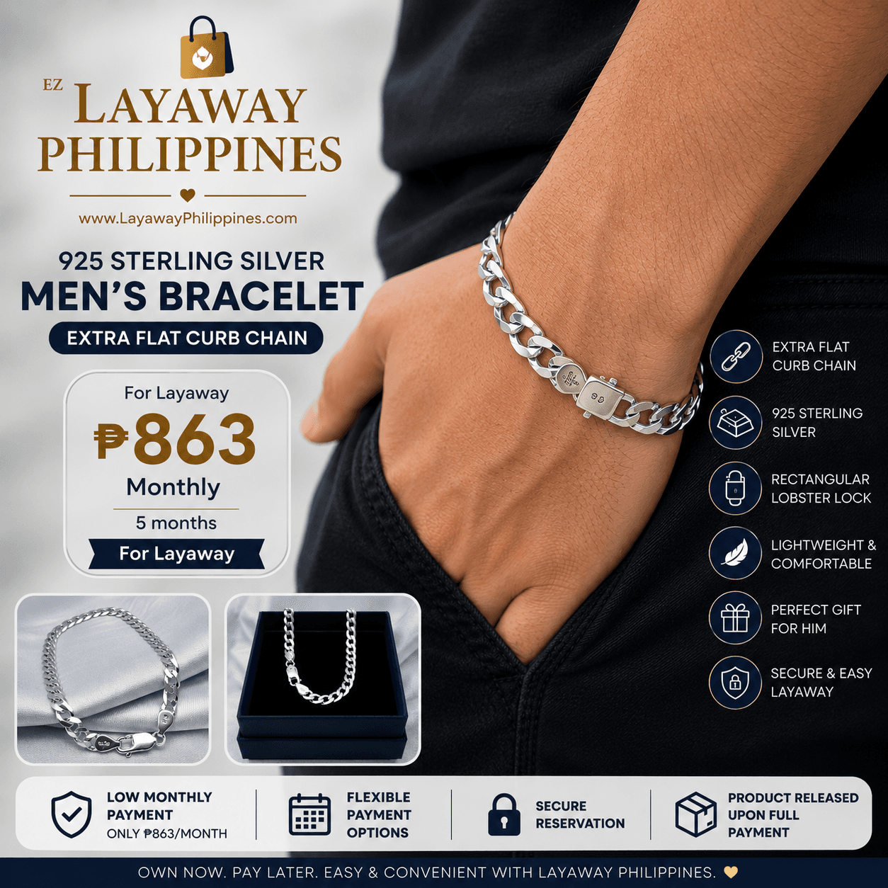 925 Sterling Silver Extra Flat Curb Chain Men's Bracelet 6mm x 8.5 Inches | Classic Men's Bracelet | Easy Layaway Philippines