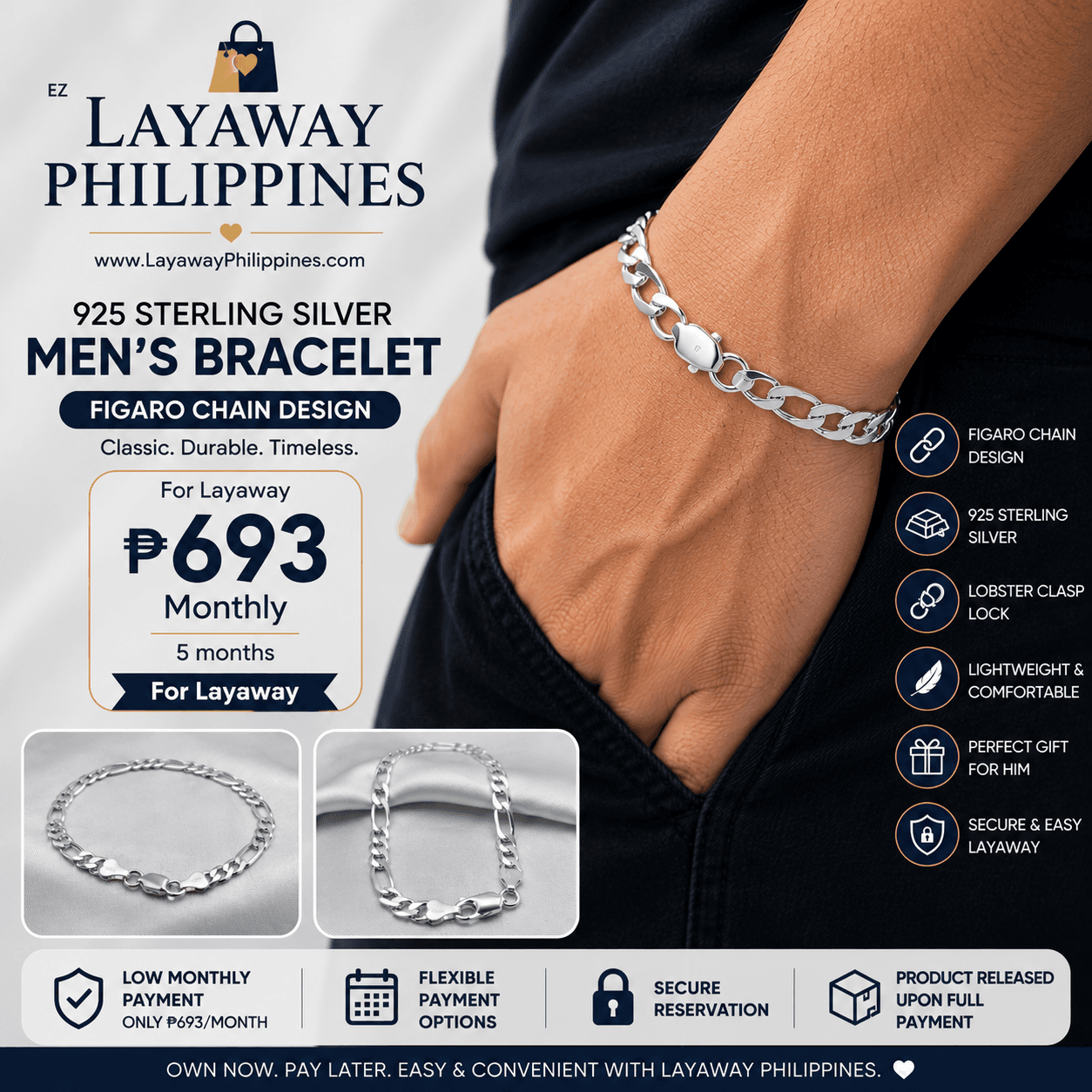 925 Sterling Silver Men's Figaro Chain Bracelet | Extra Flat Chain | 7.5", 7.75" & 8.5" Sizes | Easy Layaway Philippines