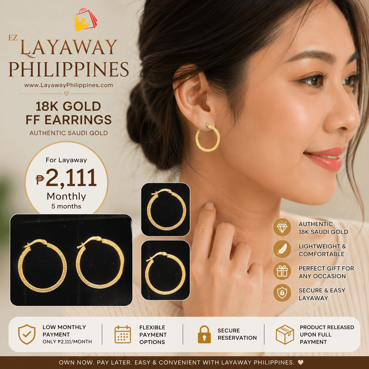 18K Saudi Gold FF Hoop Earrings | 1.5g Genuine Gold Hoop Earrings | Pawnable | Easy Layaway Philippines