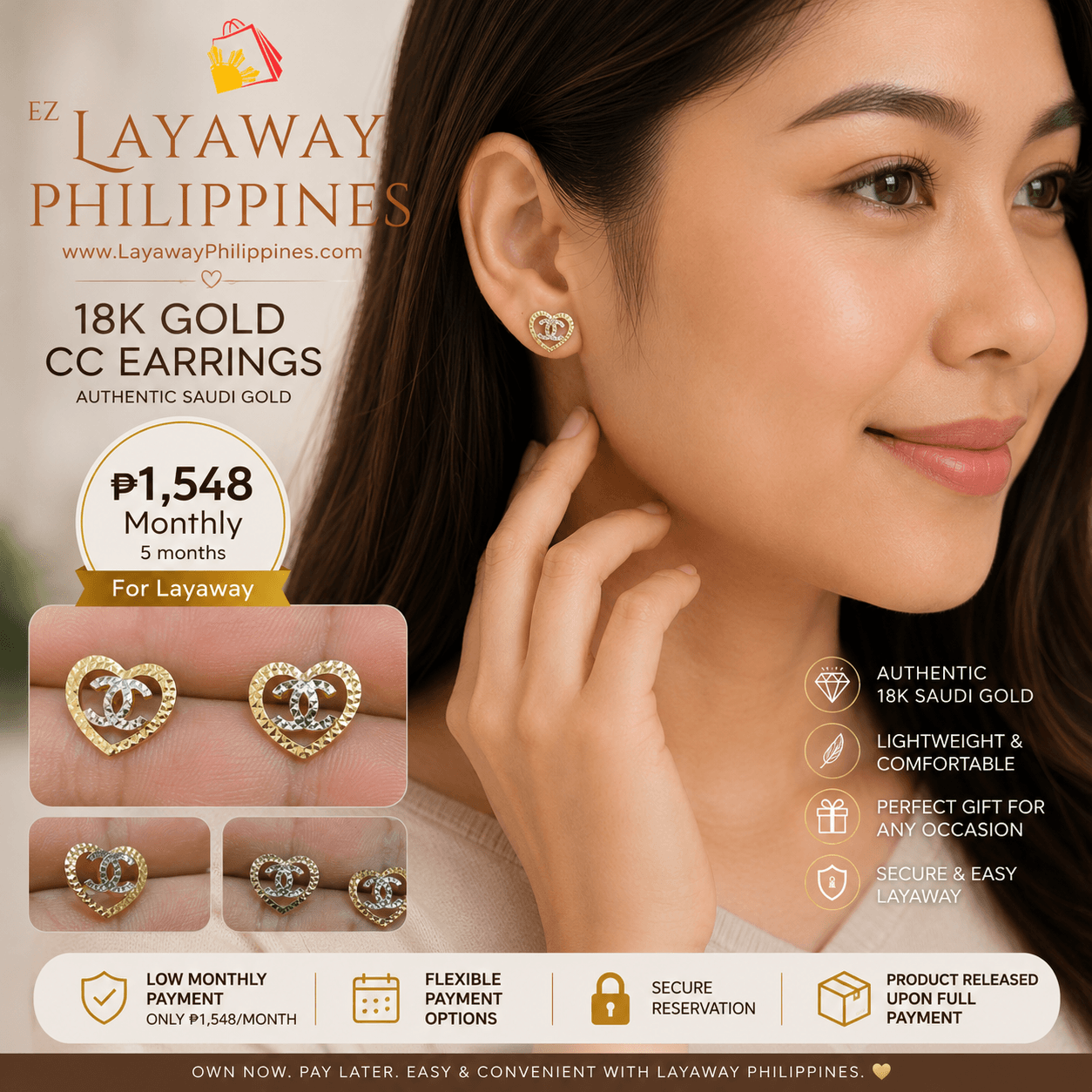 18K Saudi Gold CC Heart Earrings | 1.1g Genuine Gold Stud Earrings | Pawnable | Easy Layaway Philippines
