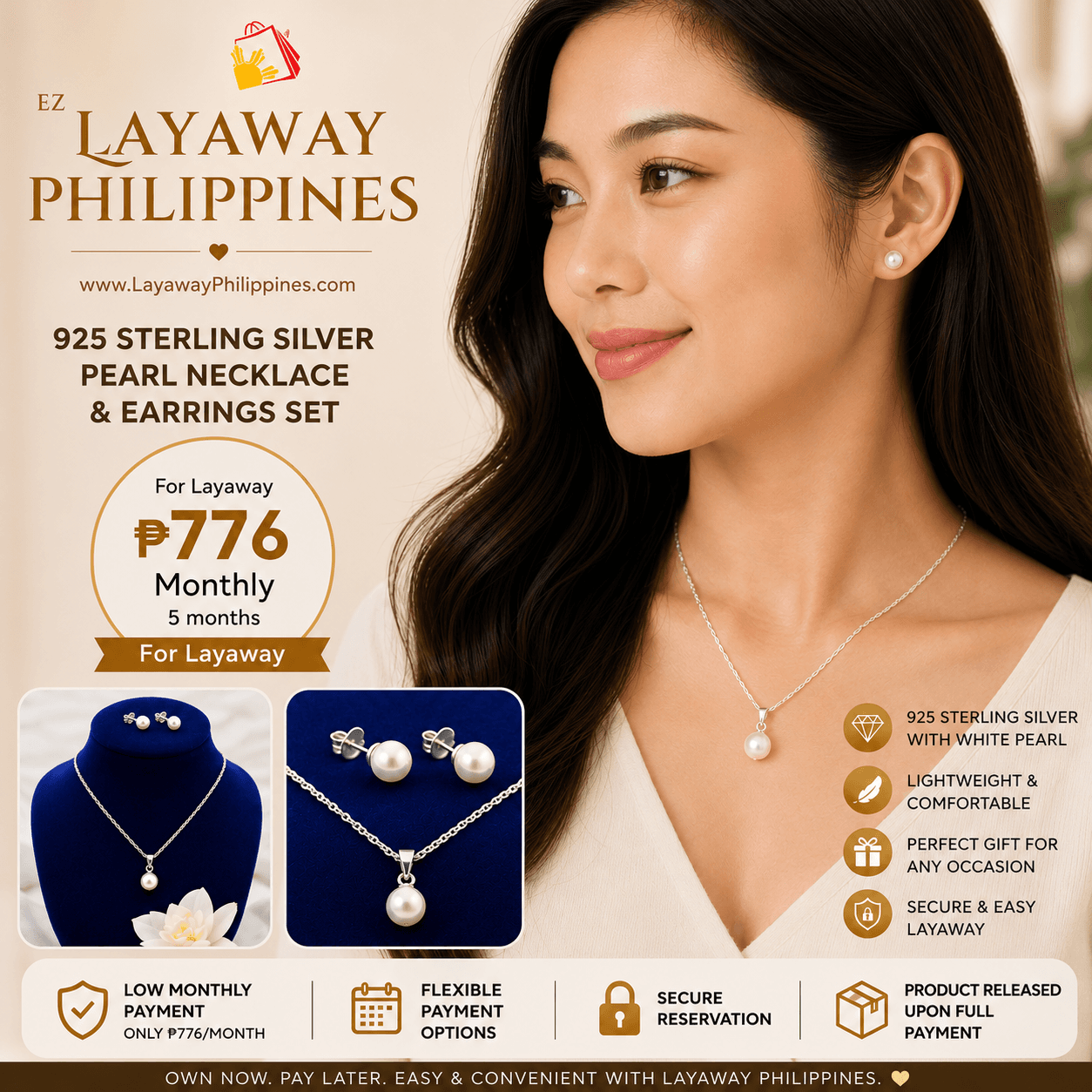 925 Sterling Silver White Pearl Necklace & Earrings Set | Elegant Gift Set | Easy Layaway Philippines