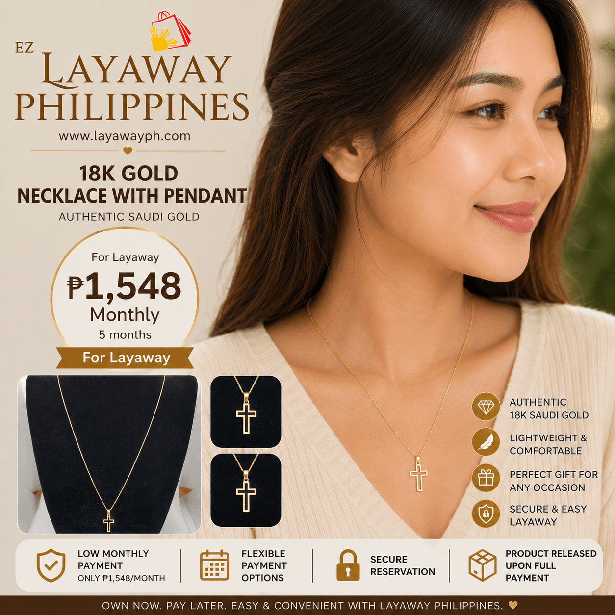 18K Saudi Gold Cross Pendant Necklace | 24-Inch Chain | 1.1g Genuine Gold Necklace | Christian Jewelry | Pawnable | Easy Layaway Philippines