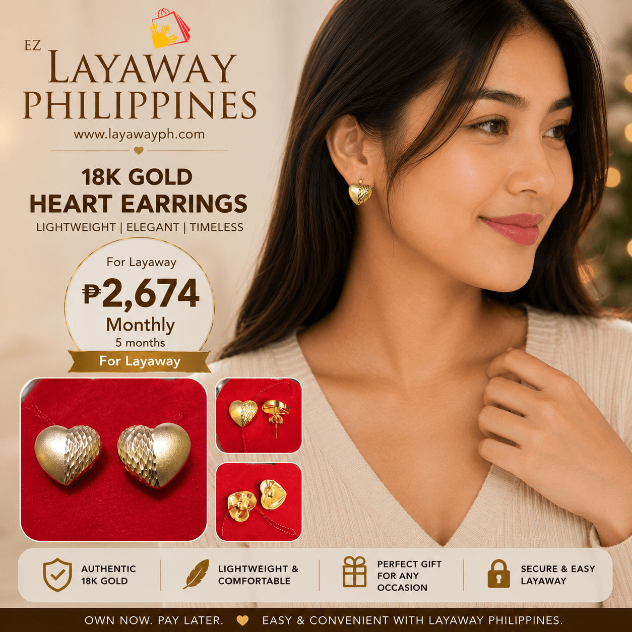 18K Saudi Gold Heart Stud Earrings | 1.9g Genuine Gold Earrings | Lightweight | Pawnable | Easy Layaway Philippines